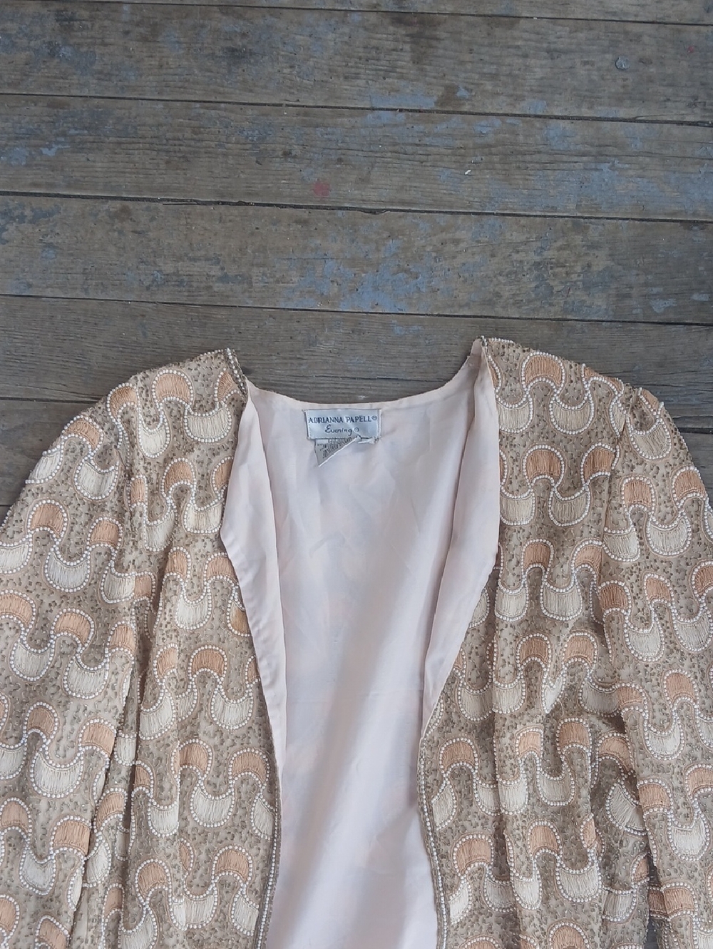 Adrianna Papell Silk Evening Beige and Gold Patterned Sequined Blazer Size 10